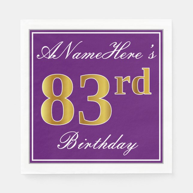 Elegant Purple, Faux Gold 83rd Birthday + Name Paper Napkins (Front)