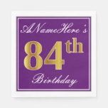 [ Thumbnail: Elegant Purple, Faux Gold 84th Birthday + Name Paper Napkin ]