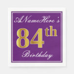 [ Thumbnail: Elegant Purple, Faux Gold 84th Birthday + Name Napkins ]