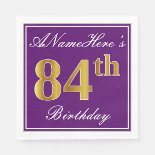 Elegant Purple, Faux Gold 84th Birthday + Name Paper Napkins