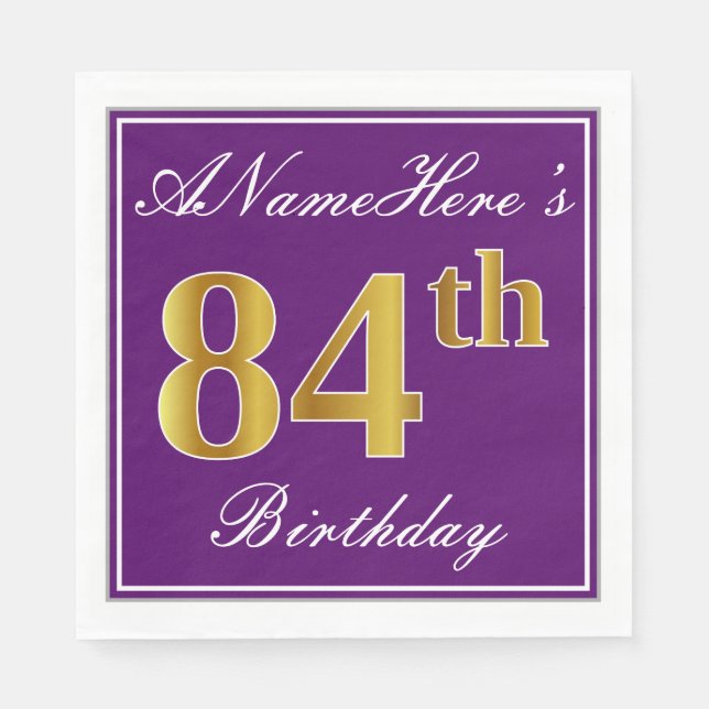 Elegant Purple, Faux Gold 84th Birthday + Name Paper Napkins (Front)