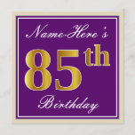 [ Thumbnail: Elegant, Purple, Faux Gold 85th Birthday + Name Invitation ]