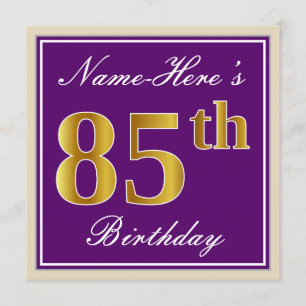 Elegant, Purple, Faux Gold 85th Birthday + Name Invitation
