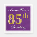 [ Thumbnail: Elegant Purple, Faux Gold 85th Birthday + Name Napkins ]