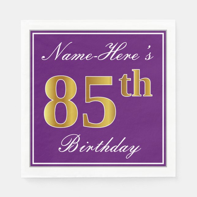 Elegant Purple, Faux Gold 85th Birthday + Name Napkins (Front)