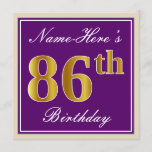 [ Thumbnail: Elegant, Purple, Faux Gold 86th Birthday + Name Invitation ]