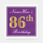 [ Thumbnail: Elegant Purple, Faux Gold 86th Birthday + Name Napkins ]