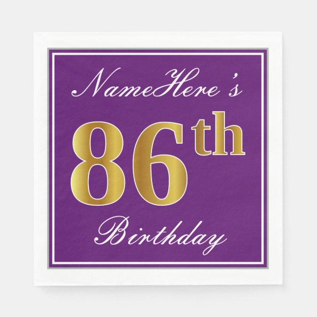 Elegant Purple, Faux Gold 86th Birthday + Name Napkins (Front)