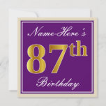 [ Thumbnail: Elegant, Purple, Faux Gold 87th Birthday + Name Invitation ]