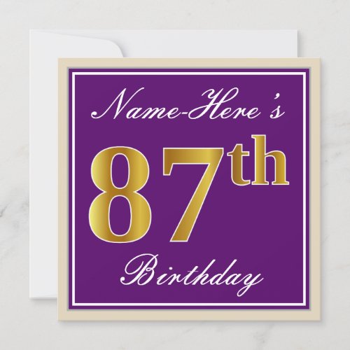 Elegant Purple Faux Gold 87th Birthday  Name Invitation
