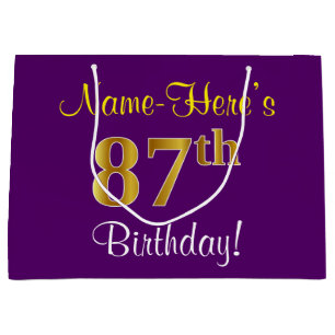 Elegant, Purple, Faux Gold 87th Birthday + Name Large Gift Bag