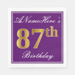 [ Thumbnail: Elegant Purple, Faux Gold 87th Birthday + Name Napkins ]