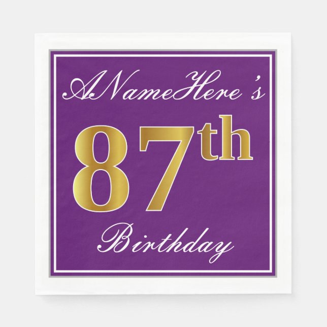 Elegant Purple, Faux Gold 87th Birthday + Name Napkins (Front)