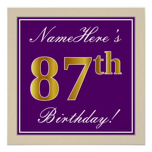 Elegant, Purple, Faux Gold 87th Birthday + Name Poster (Front)