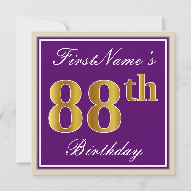 Elegant, Purple, Faux Gold 88th Birthday + Name Invitation (Front)