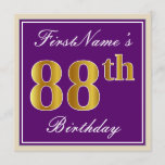 [ Thumbnail: Elegant, Purple, Faux Gold 88th Birthday + Name Invitation ]