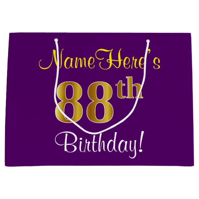 Elegant, Purple, Faux Gold 88th Birthday + Name Large Gift Bag (Front)
