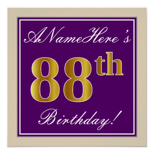 Elegant, Purple, Faux Gold 88th Birthday + Name Poster (Front)