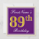 [ Thumbnail: Elegant, Purple, Faux Gold 89th Birthday + Name Invitation ]