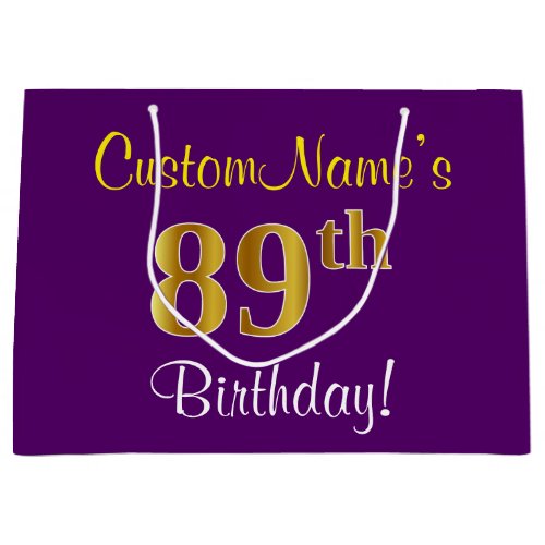 Elegant Purple Faux Gold 89th Birthday  Name Large Gift Bag