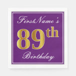 [ Thumbnail: Elegant Purple, Faux Gold 89th Birthday + Name Napkins ]