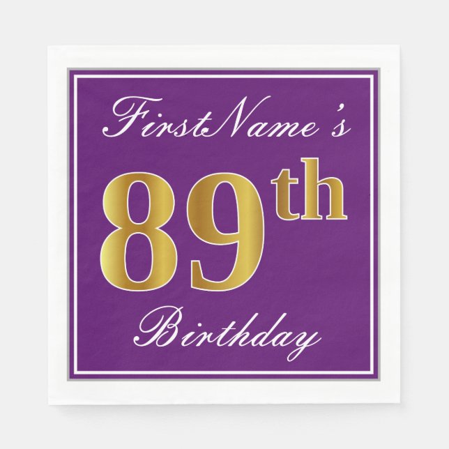 Elegant Purple, Faux Gold 89th Birthday + Name Paper Napkins (Front)