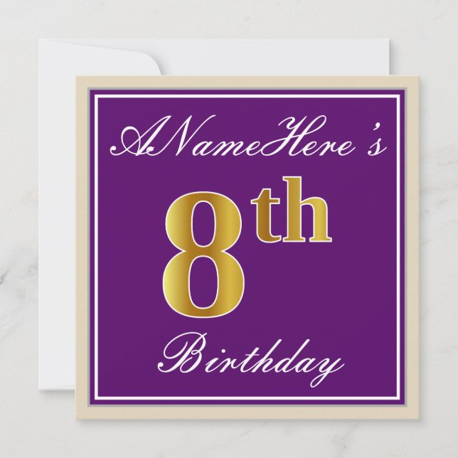 Elegant, Purple, Faux Gold 8th Birthday + Name Invitation (Front)