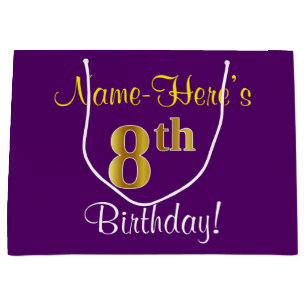 Elegant, Purple, Faux Gold 8th Birthday + Name Large Gift Bag