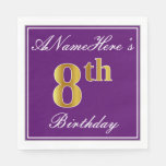 [ Thumbnail: Elegant Purple, Faux Gold 8th Birthday + Name Napkins ]