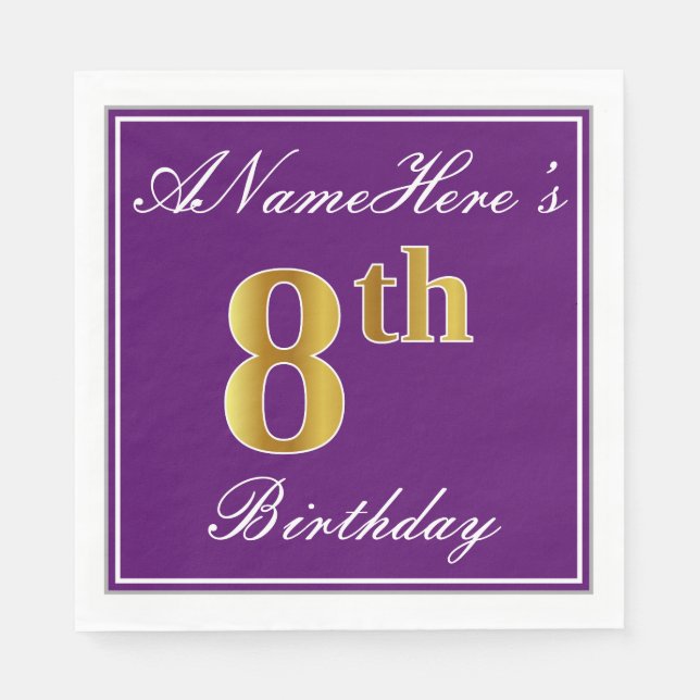 Elegant Purple, Faux Gold 8th Birthday + Name Napkins (Front)