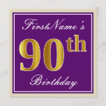[ Thumbnail: Elegant, Purple, Faux Gold 90th Birthday + Name Invitation ]
