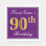 [ Thumbnail: Elegant Purple, Faux Gold 90th Birthday + Name Napkins ]