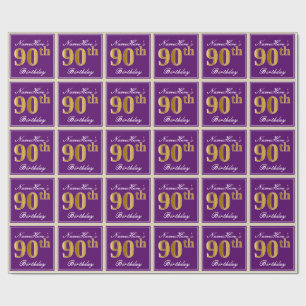 Elegant, Purple, Faux Gold 90th Birthday + Name Wrapping Paper