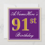 [ Thumbnail: Elegant, Purple, Faux Gold 91st Birthday + Name Invitation ]