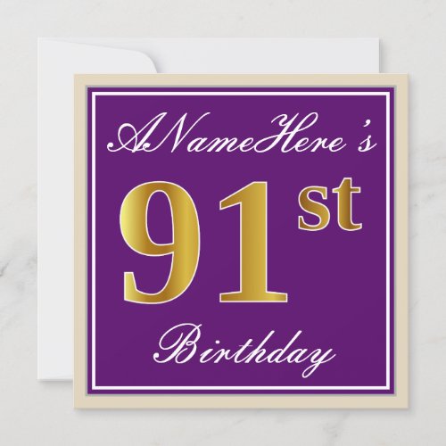 Elegant Purple Faux Gold 91st Birthday  Name Invitation