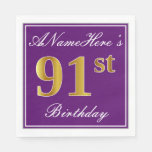 [ Thumbnail: Elegant Purple, Faux Gold 91st Birthday + Name Napkin ]