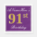 [ Thumbnail: Elegant Purple, Faux Gold 91st Birthday + Name Napkins ]
