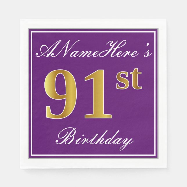 Elegant Purple, Faux Gold 91st Birthday + Name Napkins (Front)