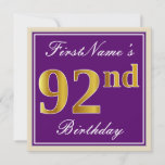 [ Thumbnail: Elegant, Purple, Faux Gold 92nd Birthday + Name Invitation ]