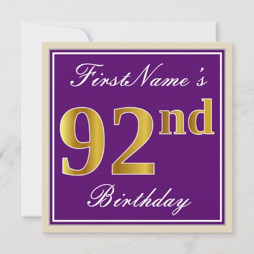 Elegant Purple Faux Gold 92nd Birthday  Name Invitation