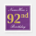 [ Thumbnail: Elegant Purple, Faux Gold 92nd Birthday + Name Paper Napkin ]