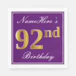 [ Thumbnail: Elegant Purple, Faux Gold 92nd Birthday + Name Napkins ]