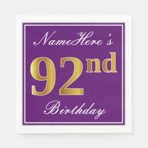 Elegant Purple, Faux Gold 92nd Birthday + Name Paper Napkins