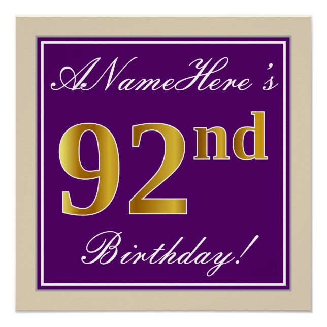 Elegant, Purple, Faux Gold 92nd Birthday + Name Poster (Front)