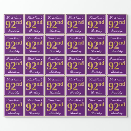 Elegant Purple Faux Gold 92nd Birthday  Name Wrapping Paper