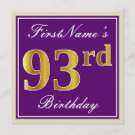[ Thumbnail: Elegant, Purple, Faux Gold 93rd Birthday + Name Invitation ]