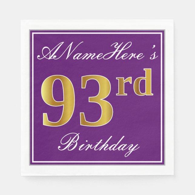 Elegant Purple, Faux Gold 93rd Birthday + Name Paper Napkins (Front)