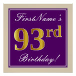 [ Thumbnail: Elegant, Purple, Faux Gold 93rd Birthday + Name Poster ]