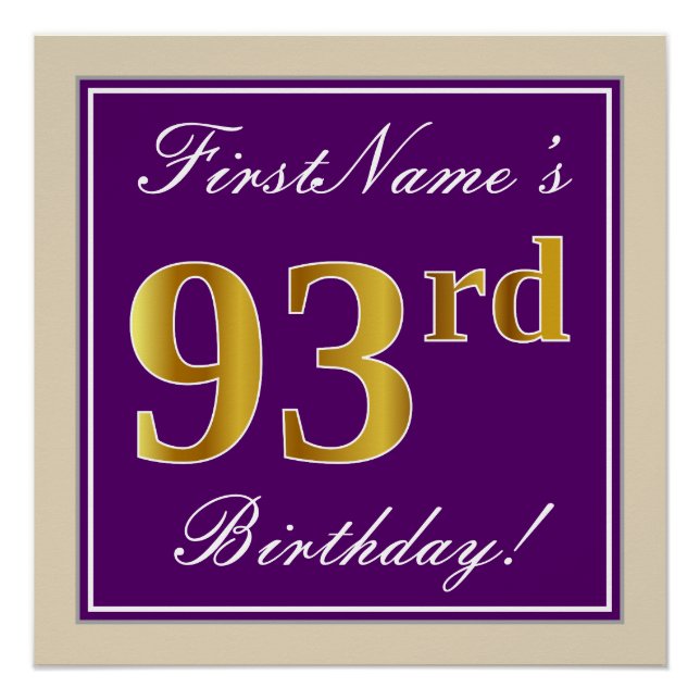 Elegant, Purple, Faux Gold 93rd Birthday + Name Poster (Front)