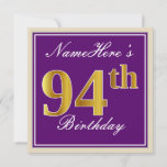 [ Thumbnail: Elegant, Purple, Faux Gold 94th Birthday + Name Invitation ]